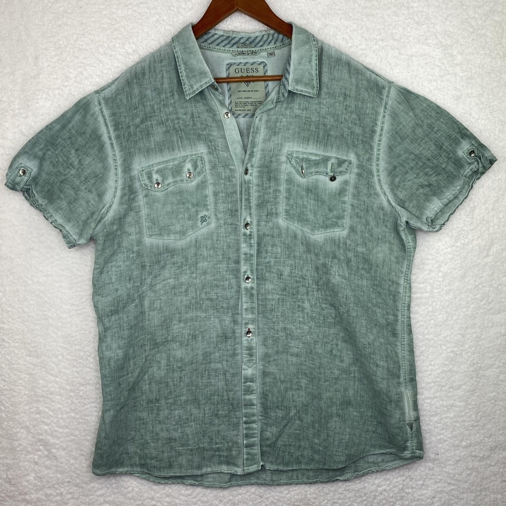 Guess Shirt Mens 2XL Green Short Sleeve Slim Fit Linen Cotton M22H11W0QD0